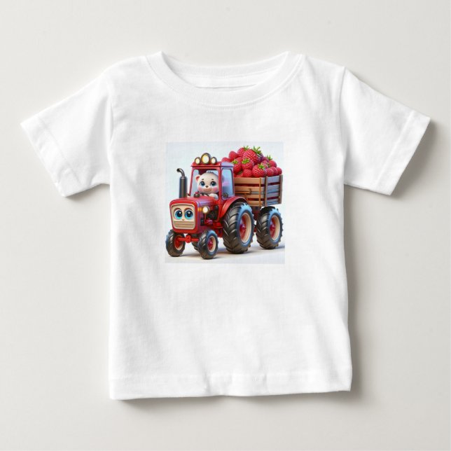 Röd traktor med björn och hallon Baby T Shirt (Framsida)