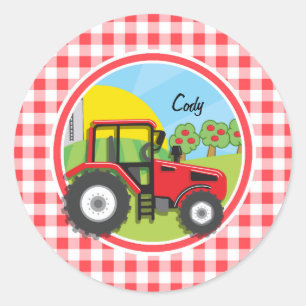 Röd traktor på röd och vitGingham Runt Klistermärke