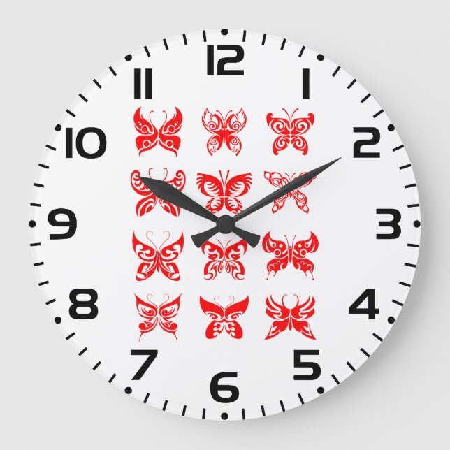 Röd Tribal Fjäril Ornament Stor Klocka (Framsida)