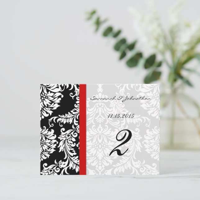 Röd trim Black Damask-Bordsnummer Vykort (Stående Fram)
