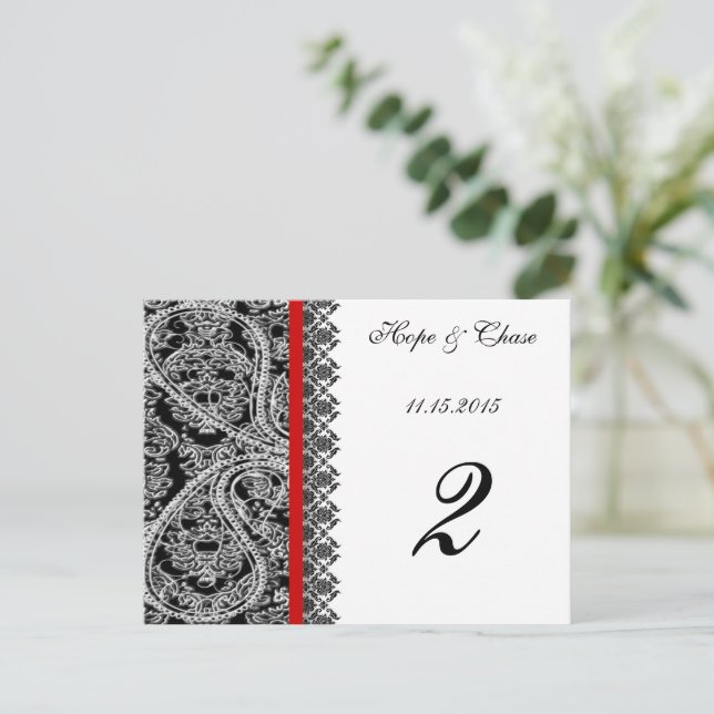 Röd trim Black Damask-Bordsnummer Vykort (Stående Fram)