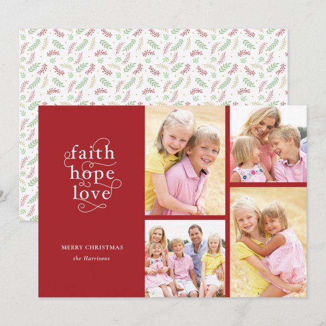Röd Tro Hopp Kärlek Typografi 4-Bild Jul Julkort (Fram/baksida)