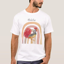 Röd Tupp Och Regnbåge Akvarell Konst T Shirt