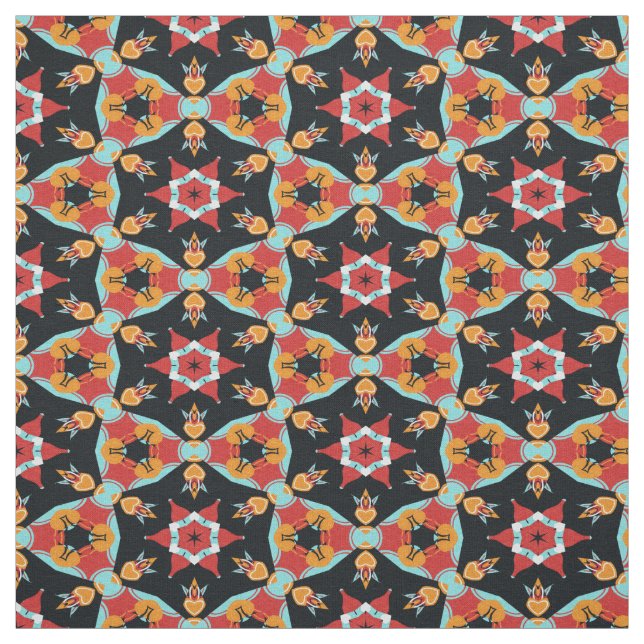 Röd turkos Gult Orange Mandala Star Mönster Tyg (Provkarta)