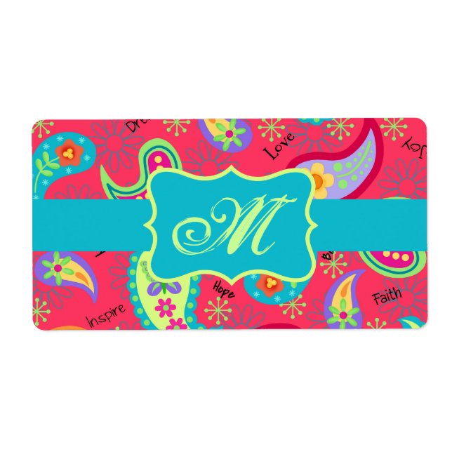 Röd turkos Modern Paisley Mönster Monogram Fraktsedel (Framsidan)