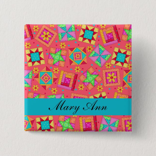 Röd turkos Patchwork Quilt Namn Badge Knapp (Framsida)