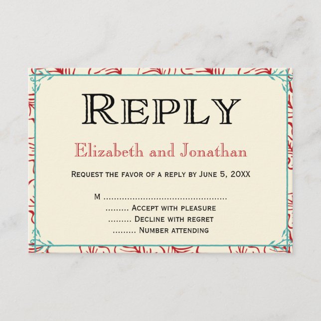 Röd & turkos Rustic Bröllop Reply OSA kort (Framsida)