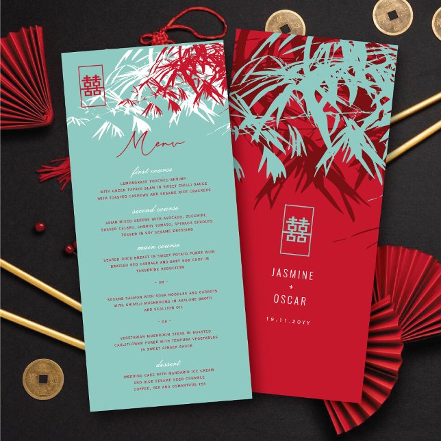 Röd & turkos Zen Bamboo Löv kinesisk Bröllop Meny (Red & Turquoise Zen Bamboo Leaves Chinese Wedding Menu @ fatfatin_red_knot)
