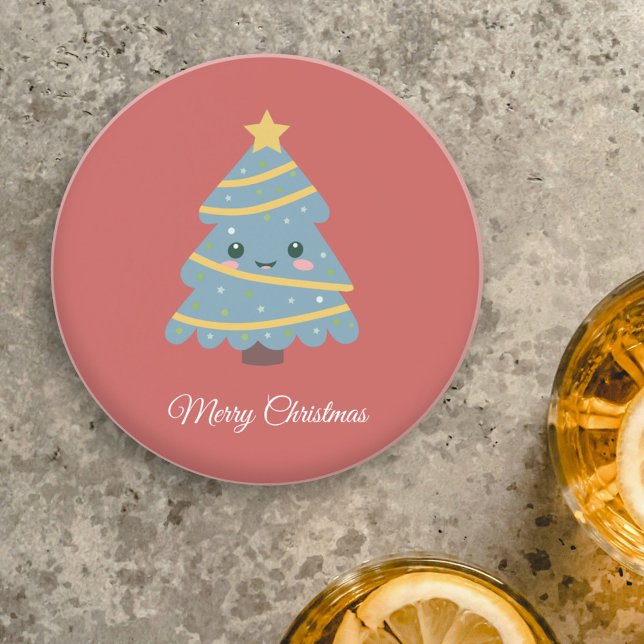 Röd Underlägg med Kawaii Julgran (Red Coaster with Kawaii Christmas Tree)