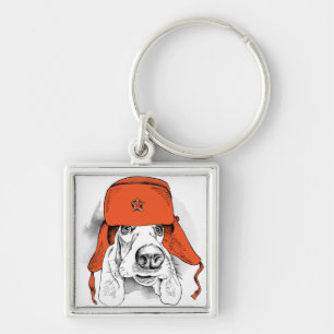 Röd Ushanka hatt för Bassethund Fyrkantig Silverfärgad Nyckelring