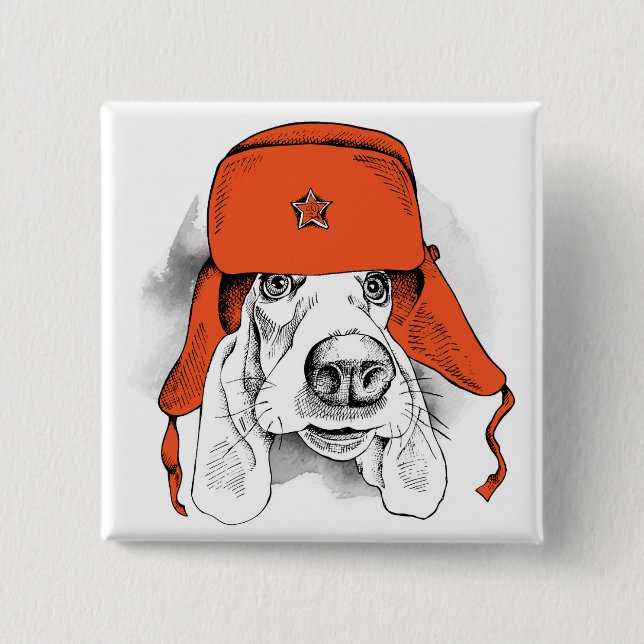 Röd Ushanka hatt för Bassethund | Knapp (Framsida)