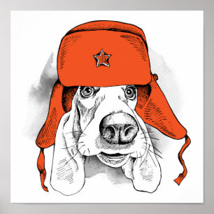 Röd Ushanka hatt för Bassethund Poster
