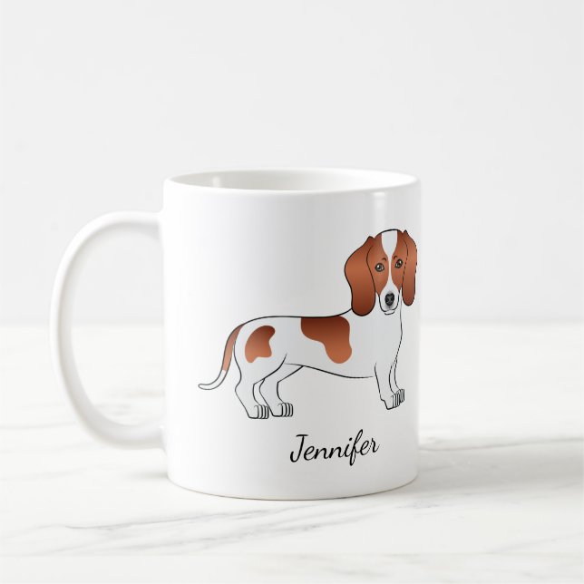 Röd utjämnad Jacka Dachshund Tecknad hund & Namn Kaffemugg (Vänster)