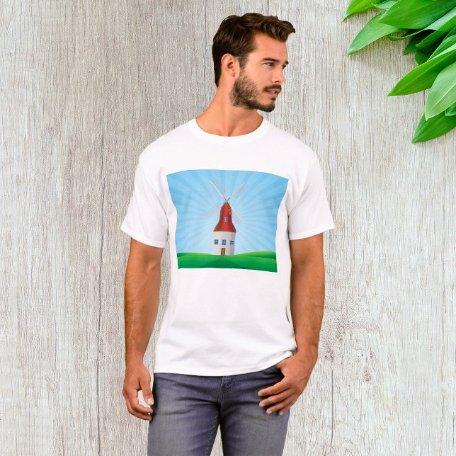 Röd väderkvarn på gröna kullar blå himmel t shirt (Skapare uppladdad)