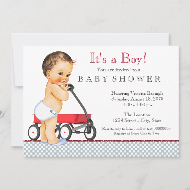 Röd vagn baby shower inbjudningar (Framsida)