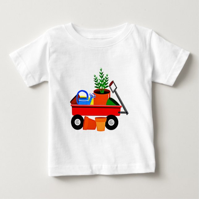 Röd vagn med växter & trädgårdverktyg tee shirt (Framsida)