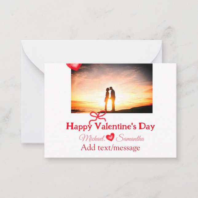 Röd valentinebåge dag lägga till foto namn hjärta  anteckningskort (Framsida)