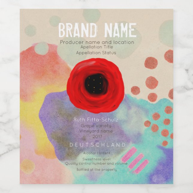 Röd vallmo abstrakt konst vinflaska etikett (Singel etikett)