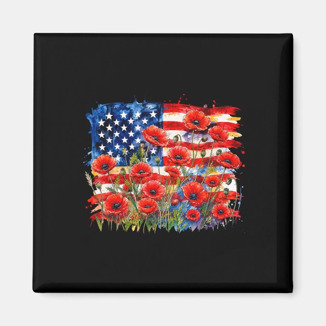 Röd vallmo blomma amerikansk flagga minnesdag magnet (Framsidan)