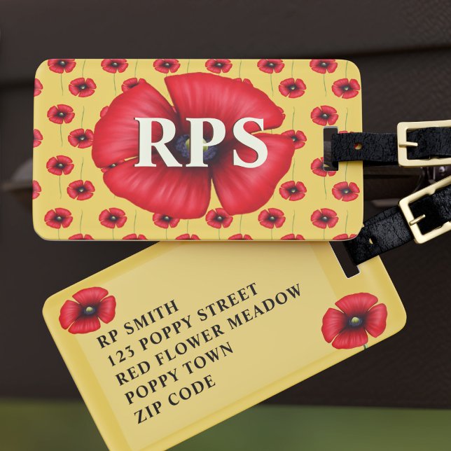 Röd vallmo blommonogram gul bagagetikett bagagebricka (Pop your initials and address on this poppy luggage tag and pop on a plane to paradise)