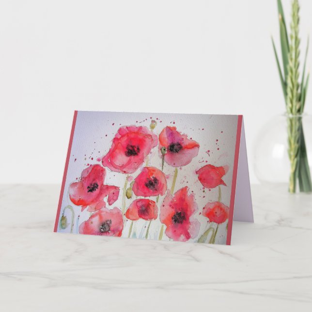 Röd vallmo blommor Vattenfärg Målad Kort (Framsida)