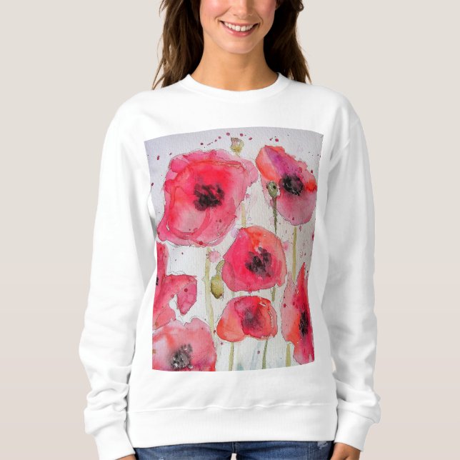Röd vallmo blomster vattenfärg konst blommönster t shirt (Framsida)