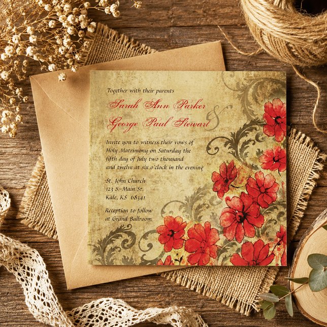 Röd vallmo med utsmyckningar Vintage bröllop Inbjudningar (Red Poppy with Flourishes Vintage Wedding Invitation)