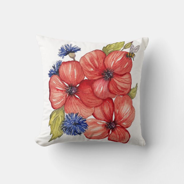 Röd vallmo och blå kornblomma akvarell kudde (Framsida)