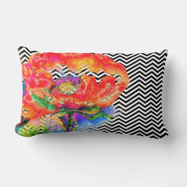 Röd vallmo - svart och vit chevron lumbarkudde (Framsida)