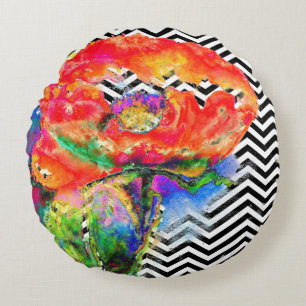 Röd vallmo, svart och vit chevron rund kudde