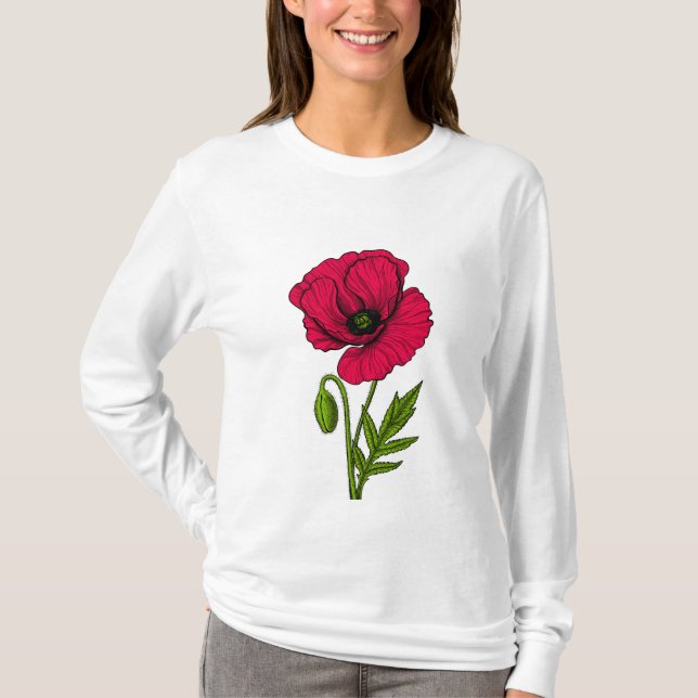 Röd vallmo teckning t shirt (Framsida)