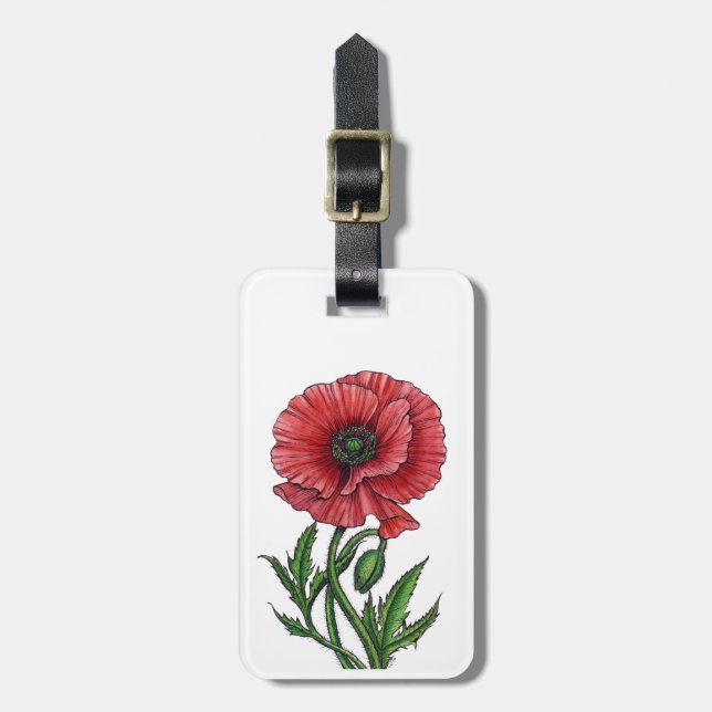 Röd vallmo, vattenfärg och bläck bagagebricka (Vertikal Framsida)
