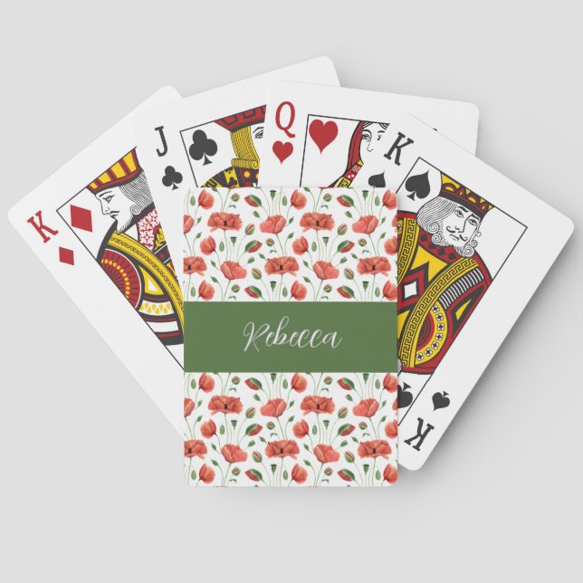 Röd Vallmo Vildblomma Akvarell Monogram Namn Casinokort (Baksidan)