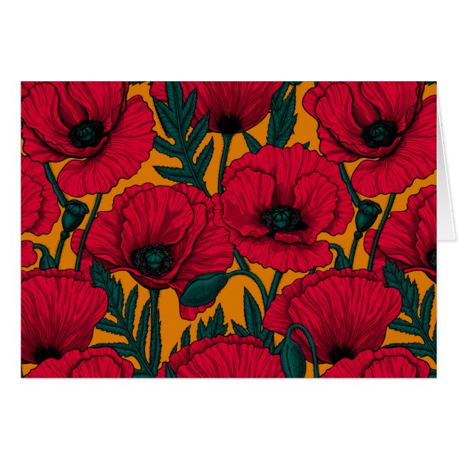 Röd vallmoträdgård hälsningskort (Framsidan Horizontal)