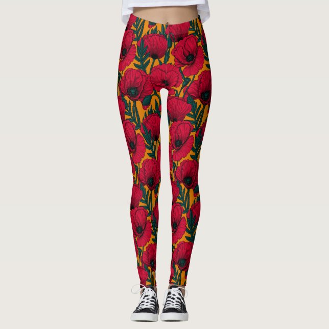 Röd vallmoträdgård leggings (Framsida)