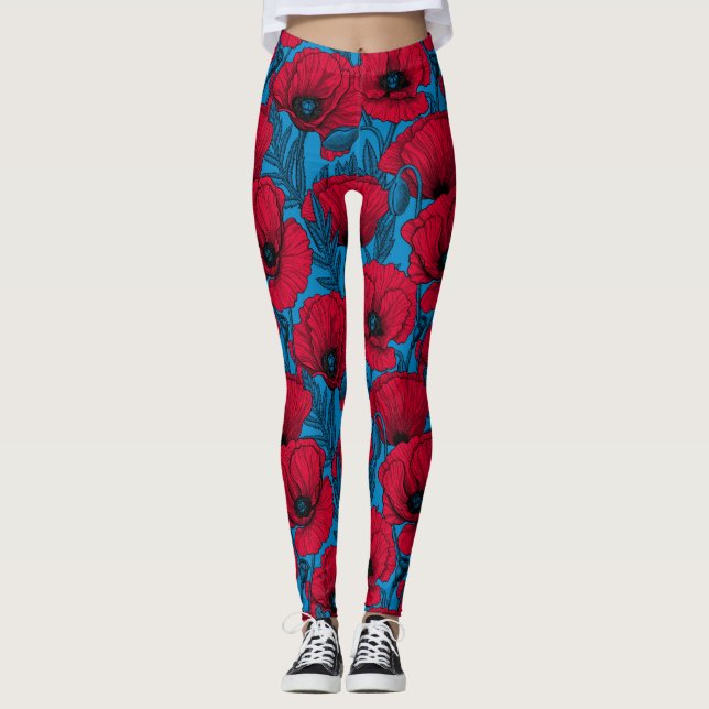 Röd vallmoträdgård på blå leggings (Framsida)