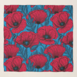 Röd vallmoträdgård på blå sjal<br><div class="desc">Vector mönster tillverkad av handdragna vallmo.</div>