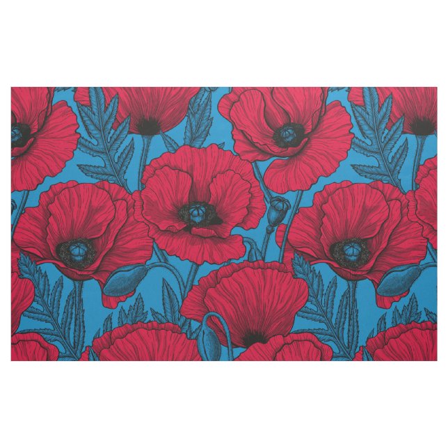 Röd vallmoträdgård på blå tyg (Fat Quarter)