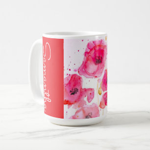 Röd vallmovattenfärg kvinnans namn kaffemugg