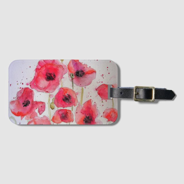 Röd vallmoväxt blomster vattenfärg bagagetikett bagagebricka (Framsida horisontal)