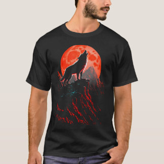 Röd varg ylar mot månen skog vilda djur L T Shirt
