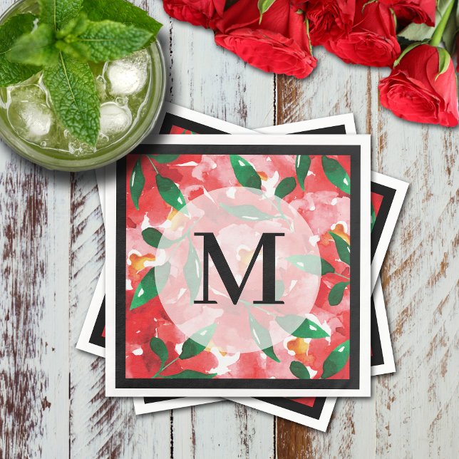 Röd vattenfärg, Blommigt Monogram Pappersservett (Red roses floral cocktail napkins with black border and monogram)