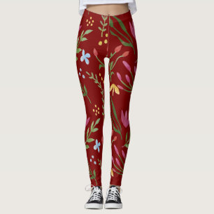 Röd vattenfärg, Blommigt svart Rosa, blå Gult Leggings