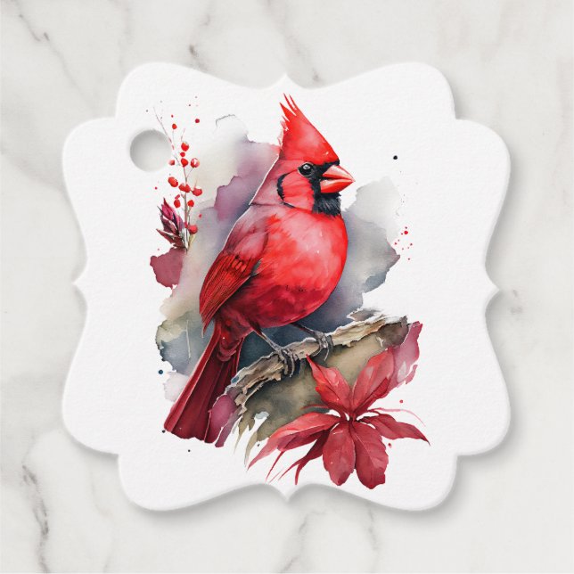 Röd vattenfärg kardinal gåvor etiketter (Framsida)