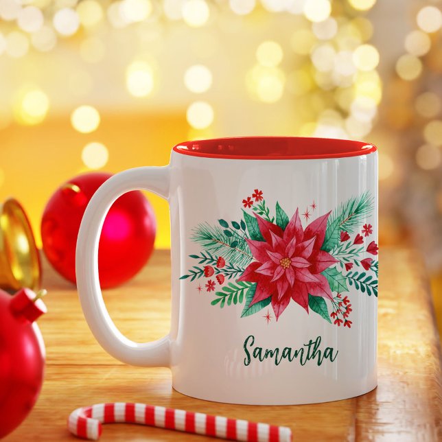 Röd vattenfärg Poinsettia jul Blunder + Namn Två-Tonad Mugg (Watercolor Poinsettia Red Christmas Flower + Name Two-Tone Coffee Mug)