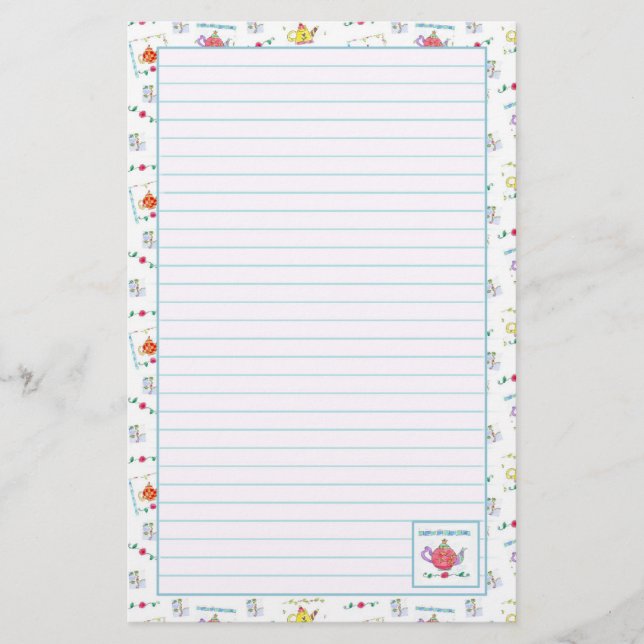 Röd vattenfärg, Tekanna blå linjerad Brevpapper (Framsida)