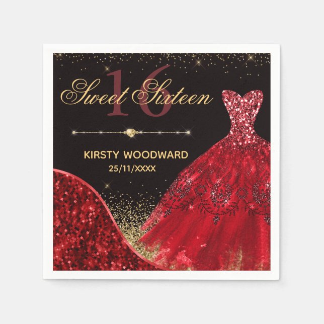 Röd vattenfärgstryck och röd våg Kant Sweet 16 Pappersservett (Framsidan)