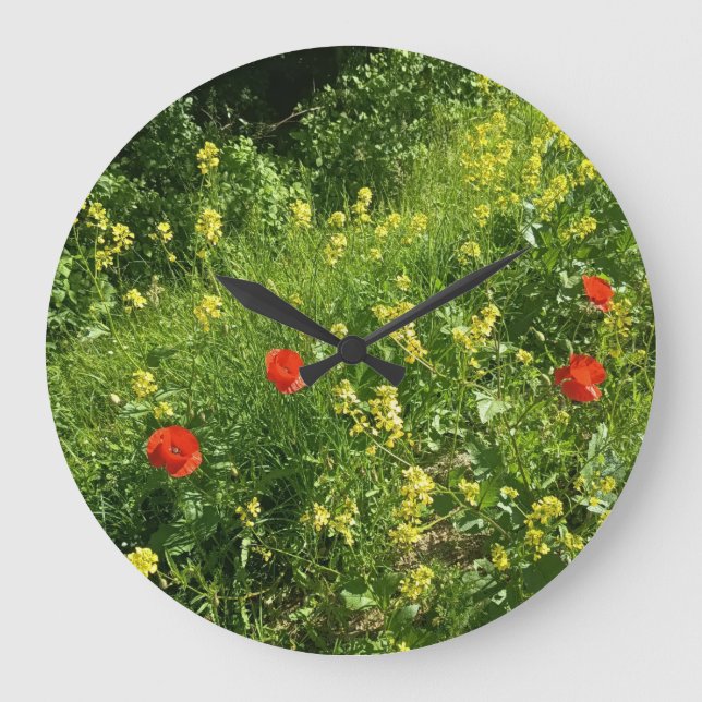 Röd vildblomsäng Väggtimme Stor Klocka (Framsida)