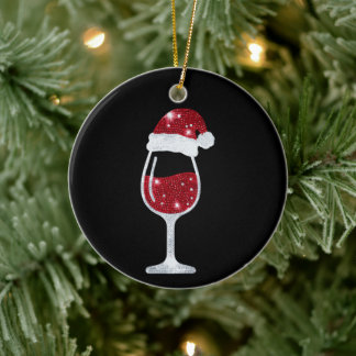 Röd vin glas glitter Santa hatt jul Xmas Julgransprydnad Keramik