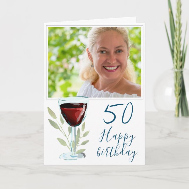 Röd vin glas löv 50-års födelsedagsfoto  kort (Framsida)